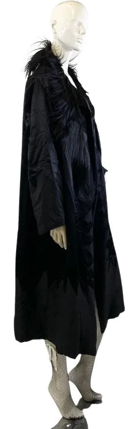 1930's Antique Satin With Real Fur Coat Long Black SKU 000333-7