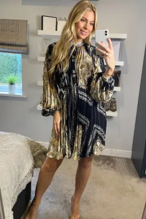 (4P.PACK) Black and Gold Print Scarf print Full pleated Shirt dress