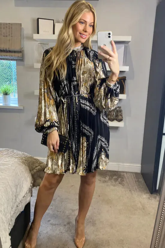 (4P.PACK) Black and Gold Print Scarf print Full pleated Shirt dress