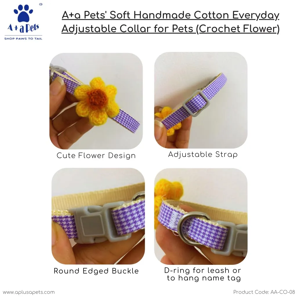A a Pets' Crochet Flower Adjustable Cat Collar, Soft Handmade - Pink