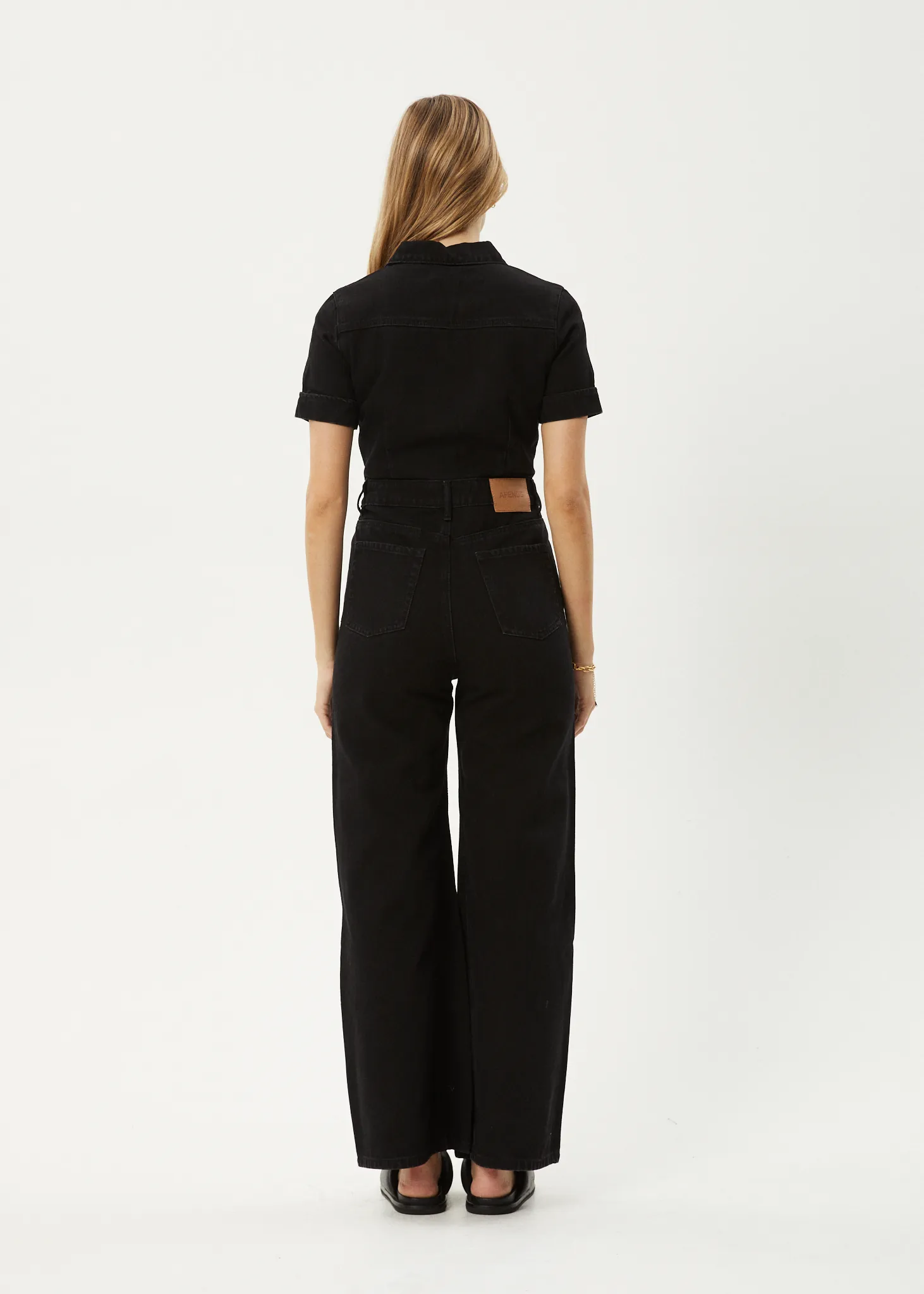 AFENDS Womens Miami - Denim Flared Leg Jumpsuit - Washed Black