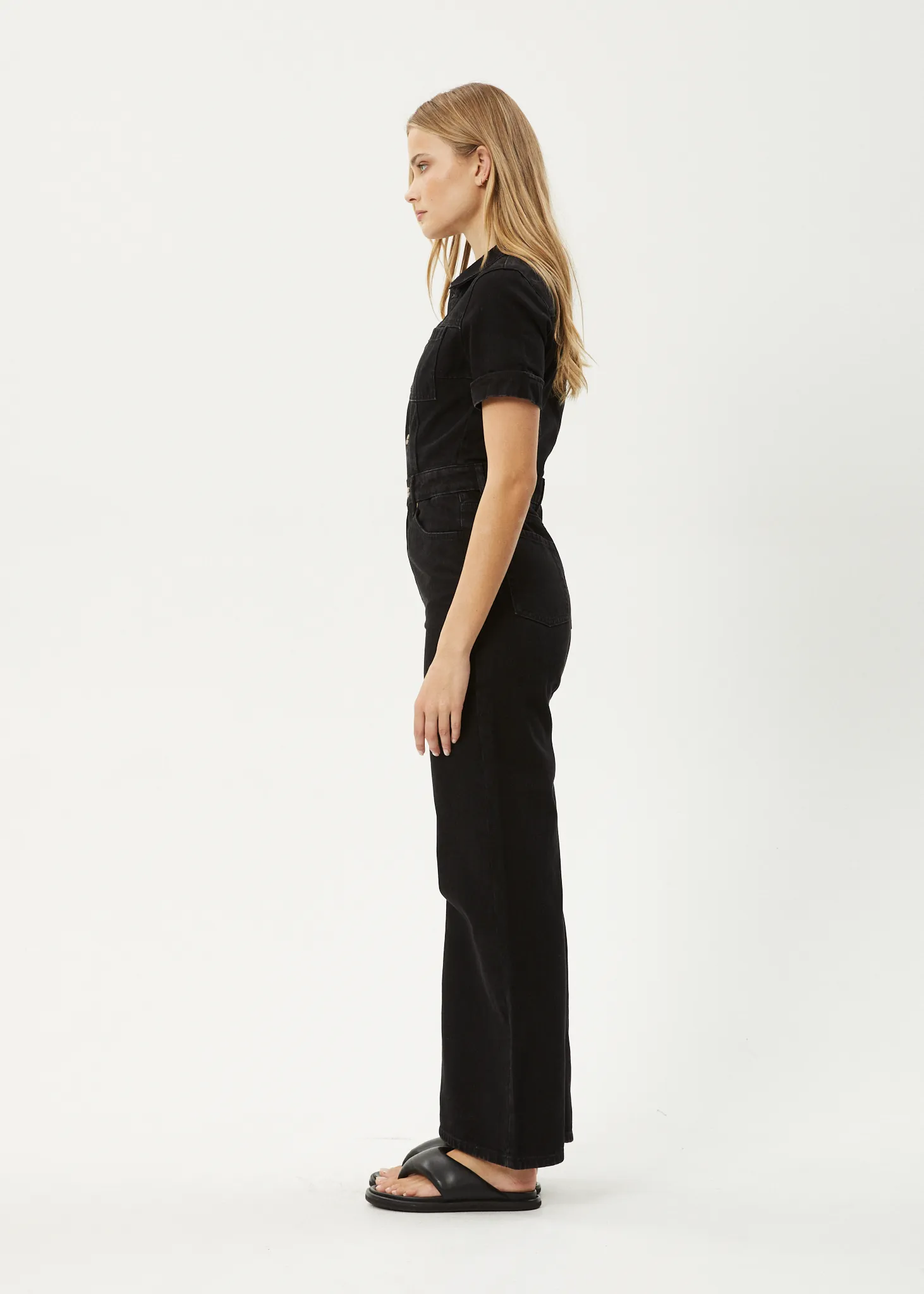 AFENDS Womens Miami - Denim Flared Leg Jumpsuit - Washed Black