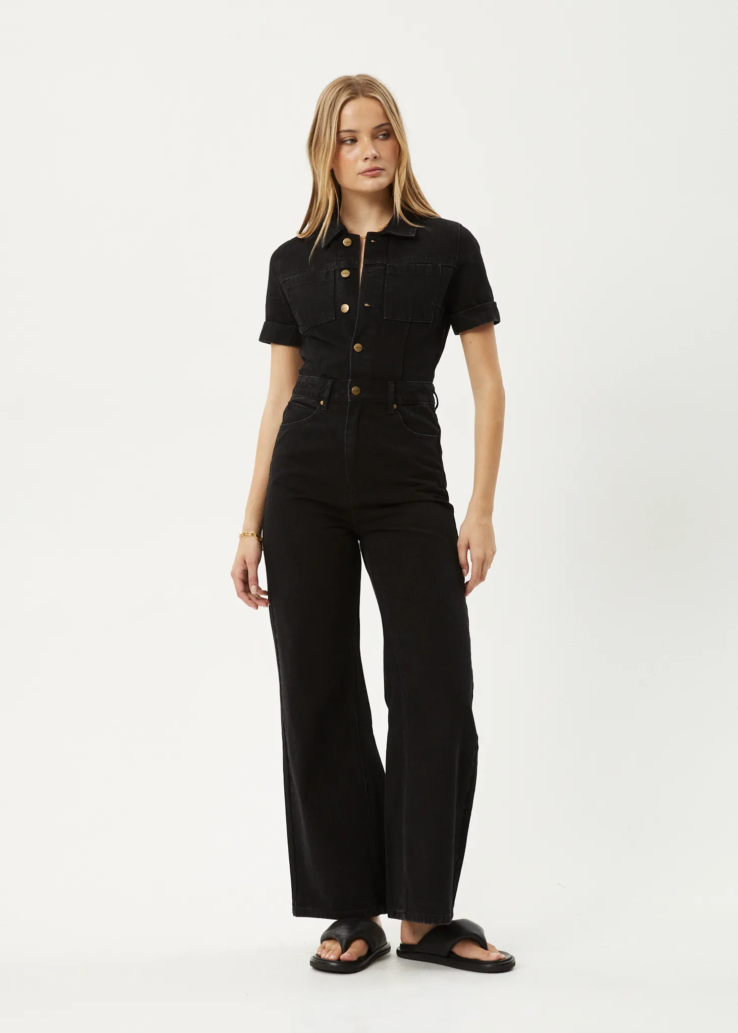 AFENDS Womens Miami - Denim Flared Leg Jumpsuit - Washed Black