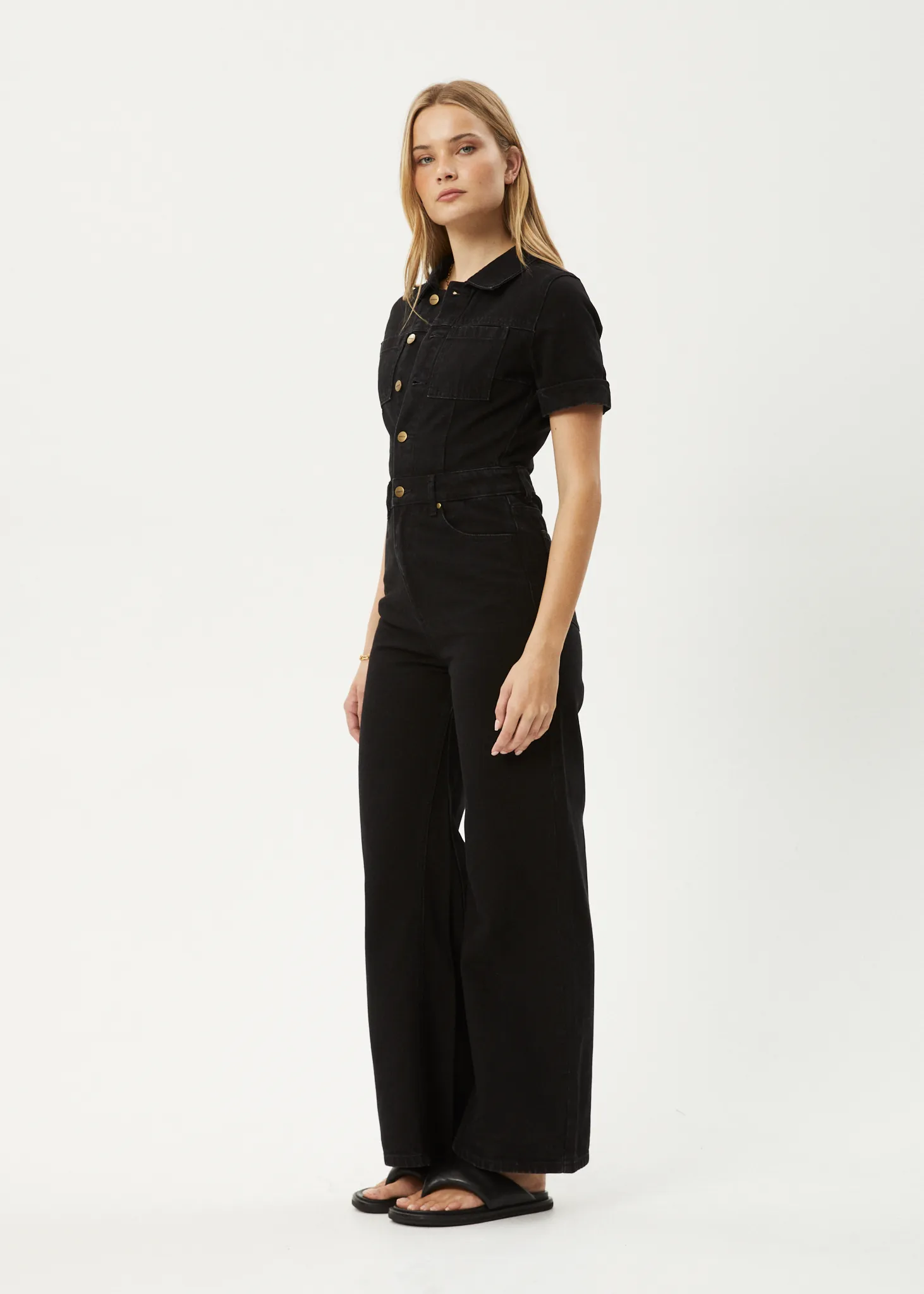 AFENDS Womens Miami - Denim Flared Leg Jumpsuit - Washed Black