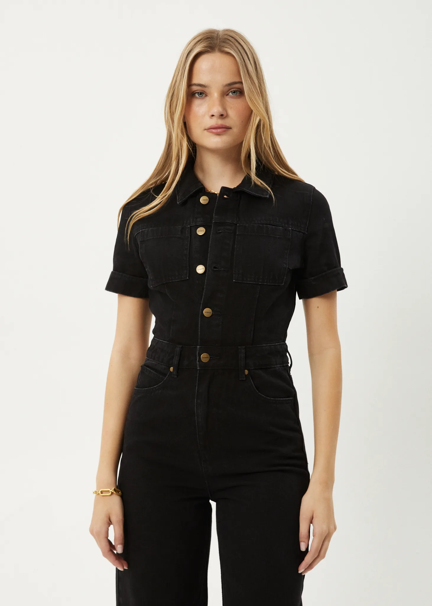 AFENDS Womens Miami - Denim Flared Leg Jumpsuit - Washed Black