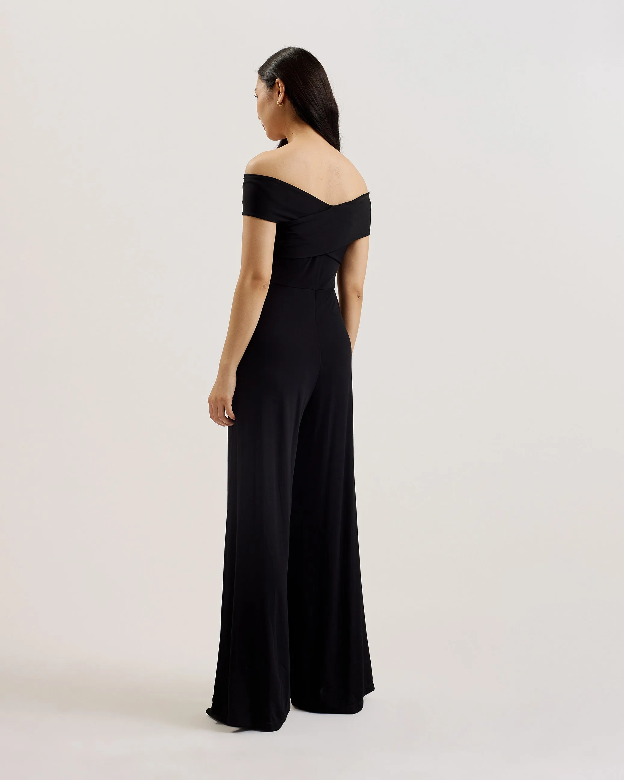 Almhaa Bardot Slinky Jersey Wide Leg Jumpsuit Black