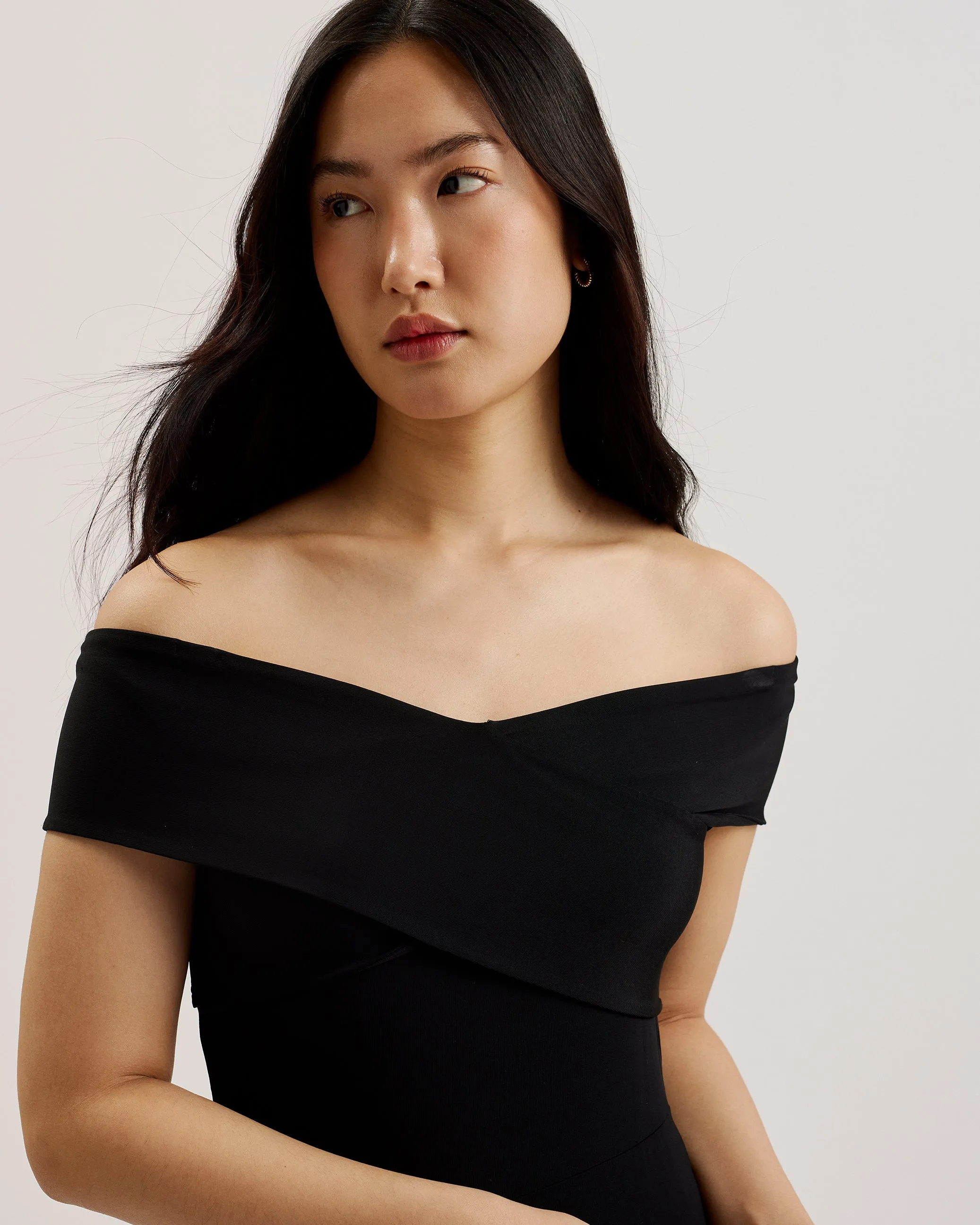 Almhaa Bardot Slinky Jersey Wide Leg Jumpsuit Black