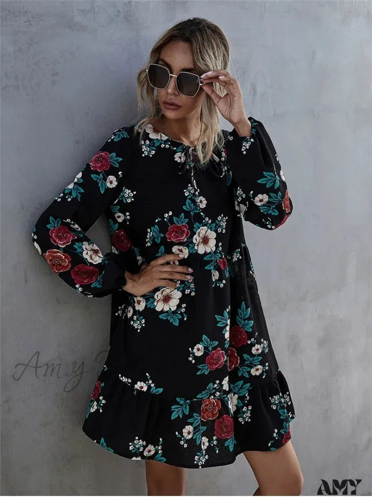 Amy Fashion - Casual O-neck Full Sleeve High Waist Floral Dress