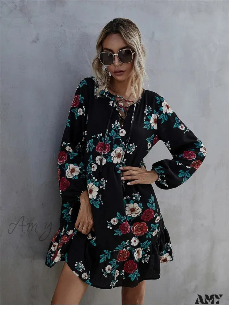Amy Fashion - Casual O-neck Full Sleeve High Waist Floral Dress