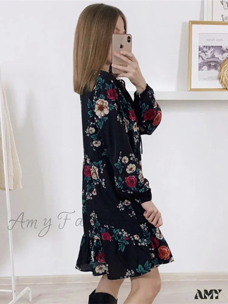 Amy Fashion - Casual O-neck Full Sleeve High Waist Floral Dress