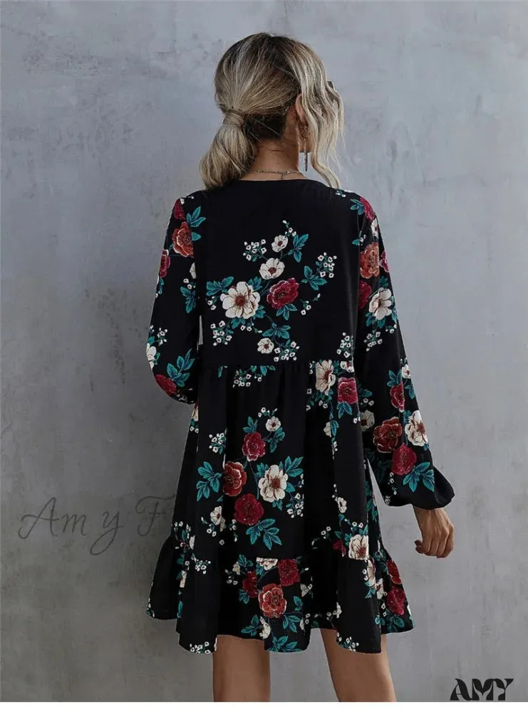 Amy Fashion - Casual O-neck Full Sleeve High Waist Floral Dress