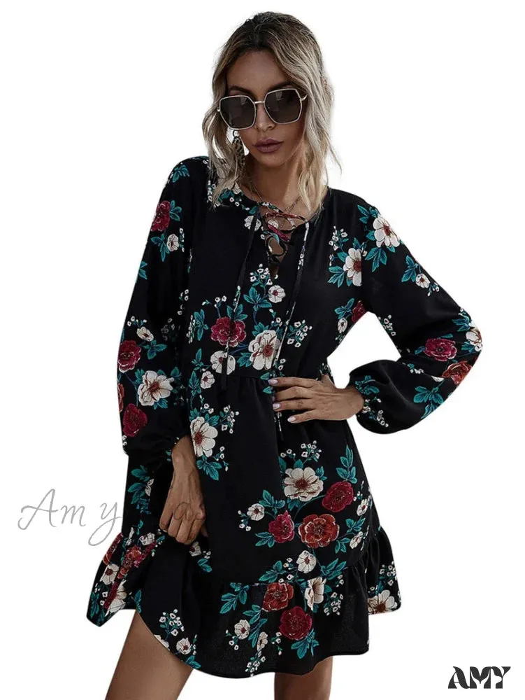 Amy Fashion - Casual O-neck Full Sleeve High Waist Floral Dress
