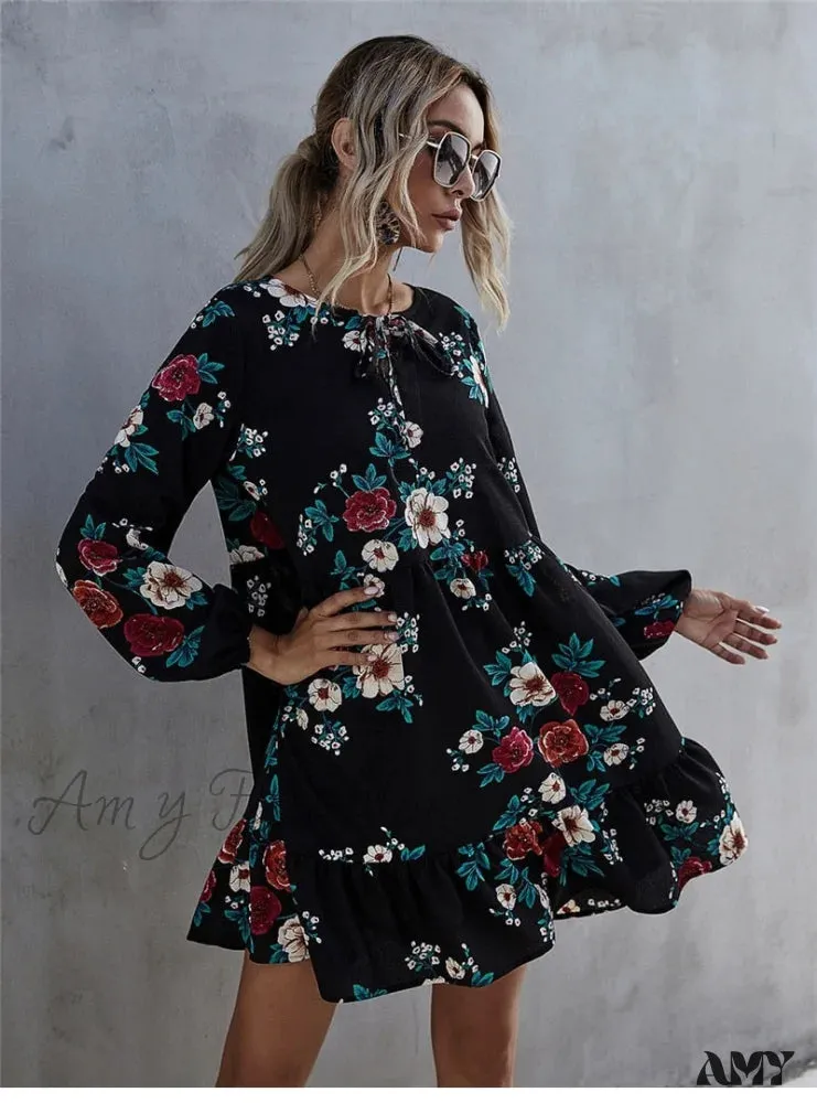 Amy Fashion - Casual O-neck Full Sleeve High Waist Floral Dress