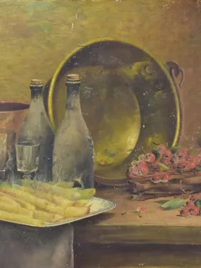 Antique French still life - asparagus, cherries and a copper pot 28¾ x 21¼""