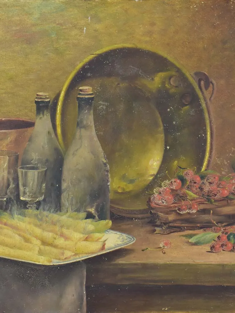 Antique French still life - asparagus, cherries and a copper pot 28¾ x 21¼""