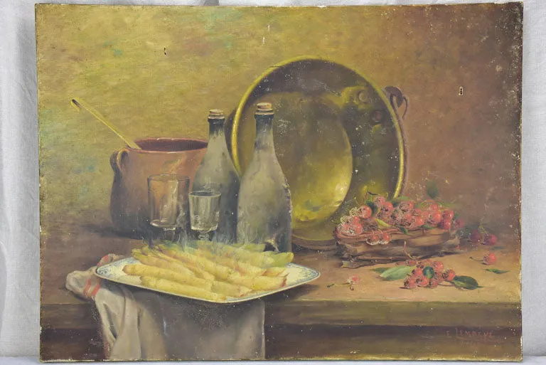 Antique French still life - asparagus, cherries and a copper pot 28¾ x 21¼""