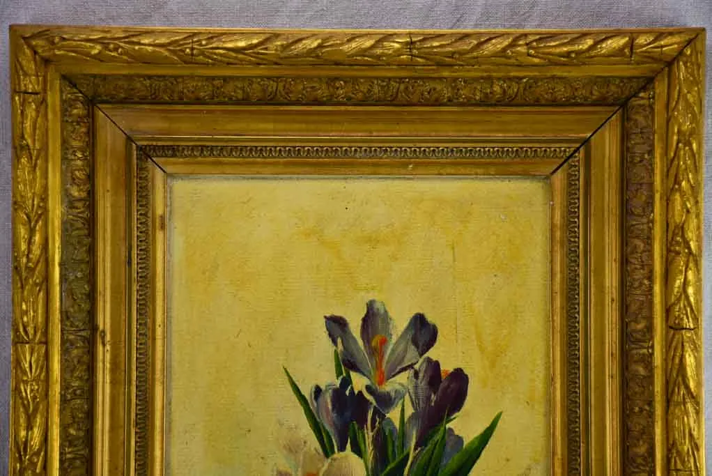 Antique French still life - crocus flowers in a pot. Oil on canvas, signed. 25¼ x 17¼""