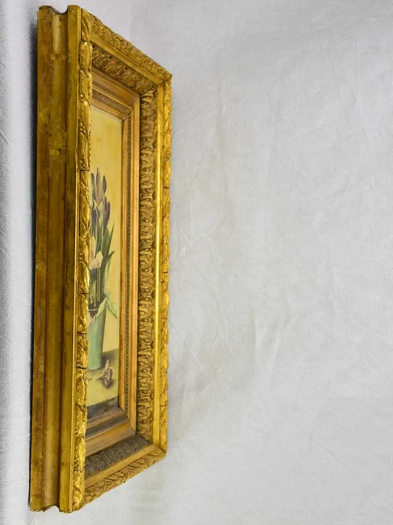 Antique French still life - crocus flowers in a pot. Oil on canvas, signed. 25¼ x 17¼""