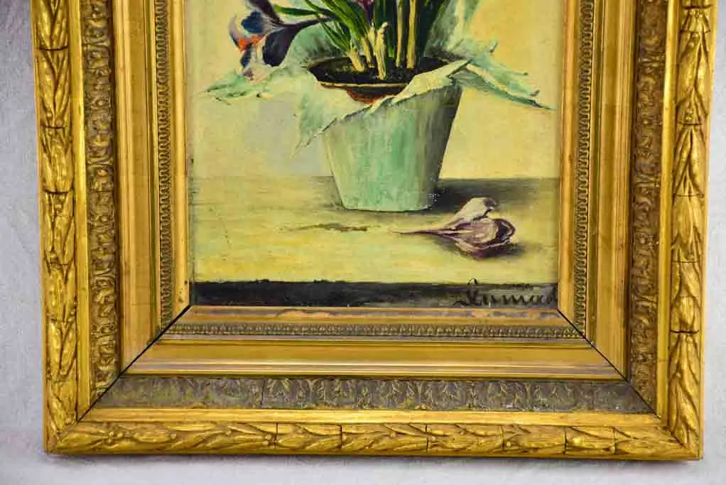 Antique French still life - crocus flowers in a pot. Oil on canvas, signed. 25¼ x 17¼""