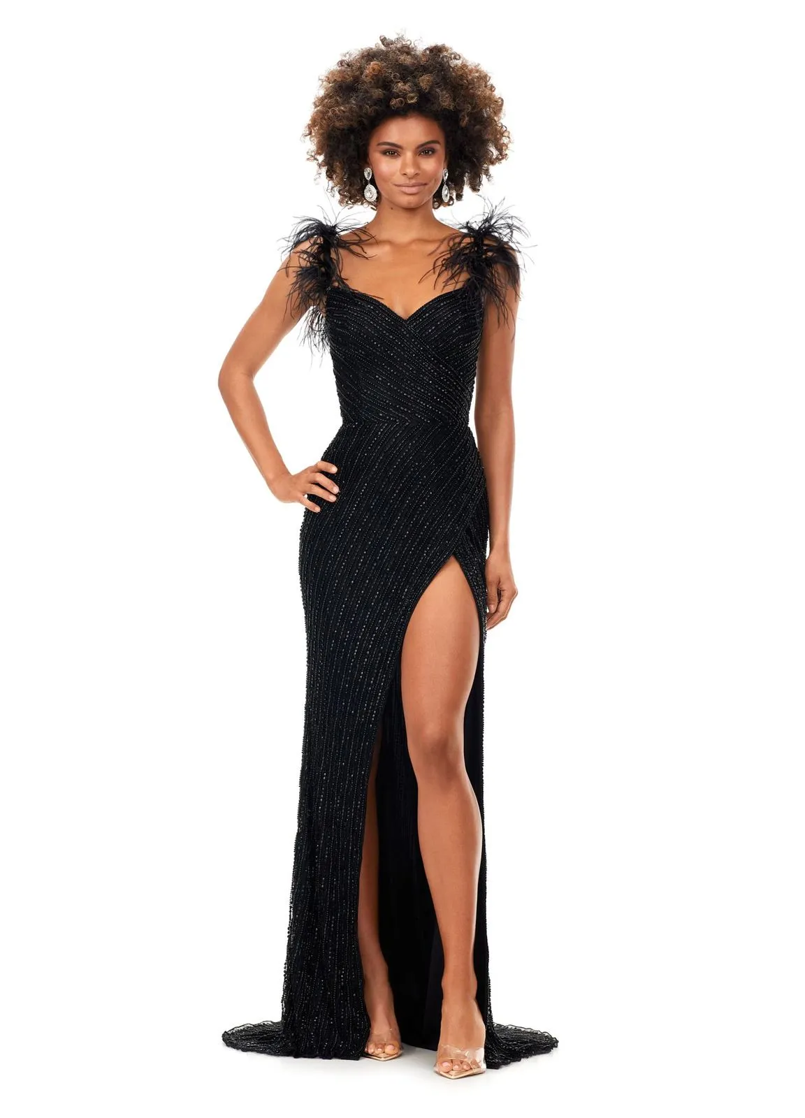 Ashley Lauren 11367 Fully Beaded Gown with Feather Straps