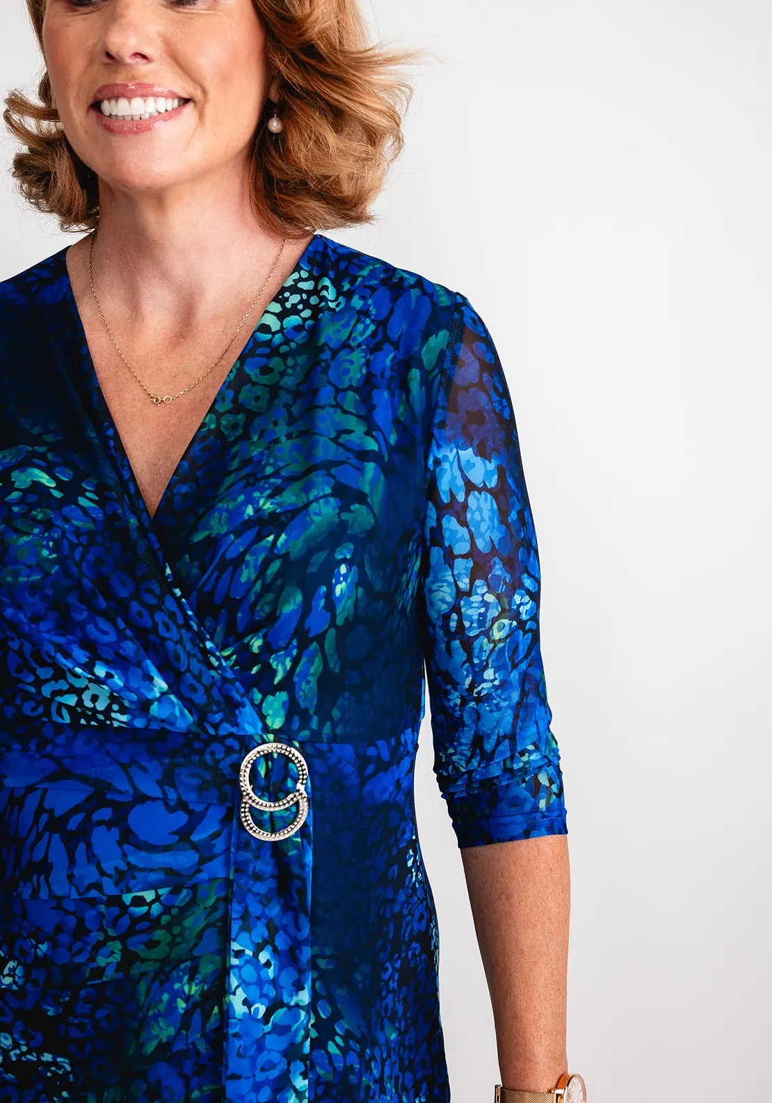 Avalon Rose Print Wrap Buckle Dress, Blue