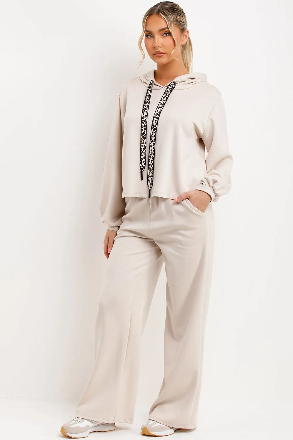 Beige Hoodie And Jogger Trouser Lounge Set With Leopard Print Straps