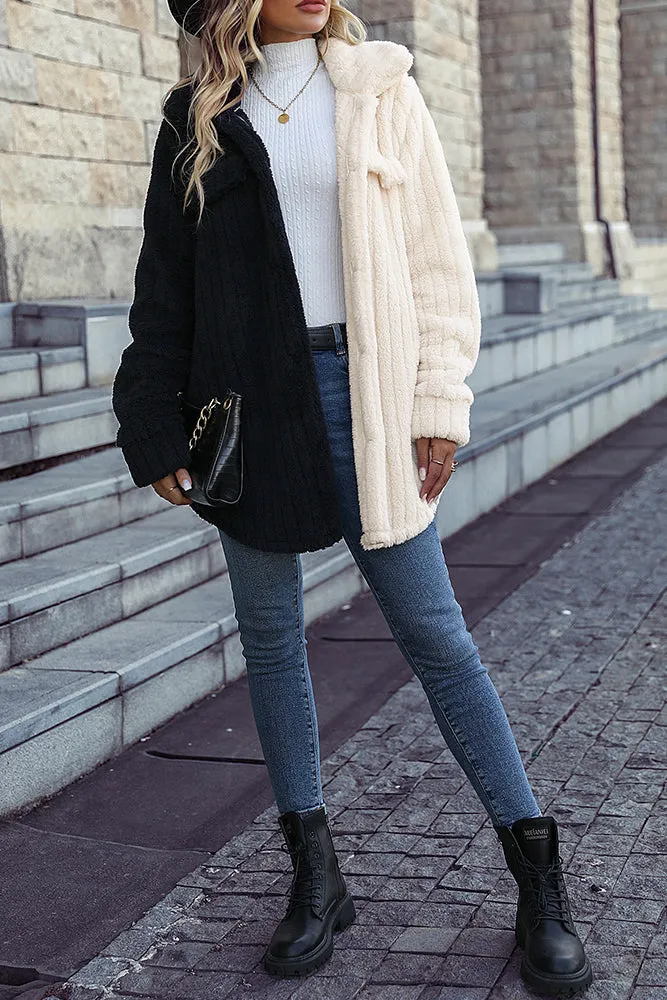 Black and White Colorblock Fleece Winter Outfits Coat