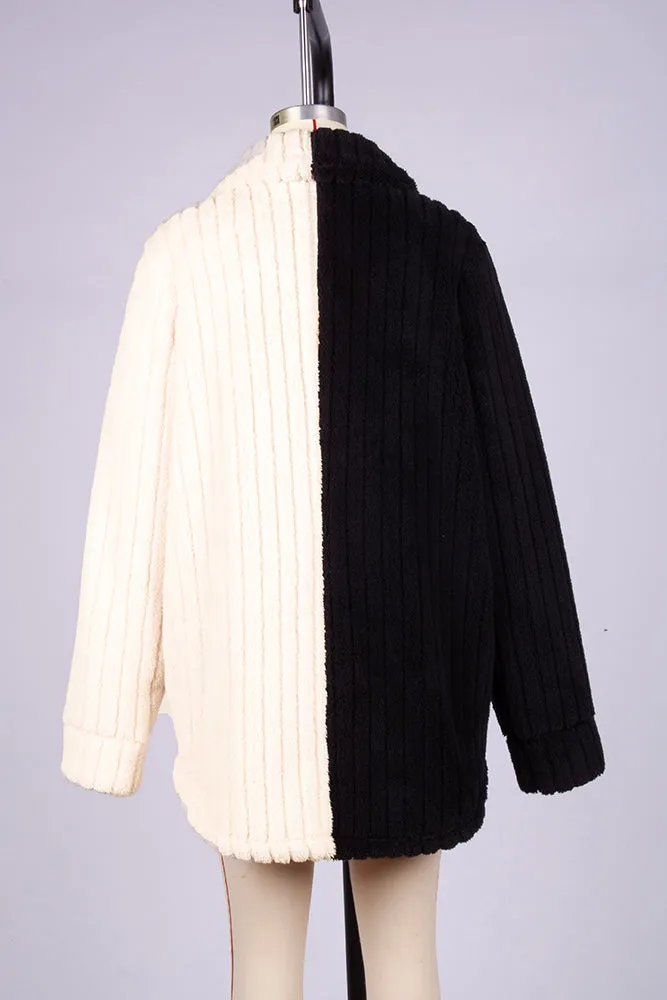 Black and White Colorblock Fleece Winter Outfits Coat