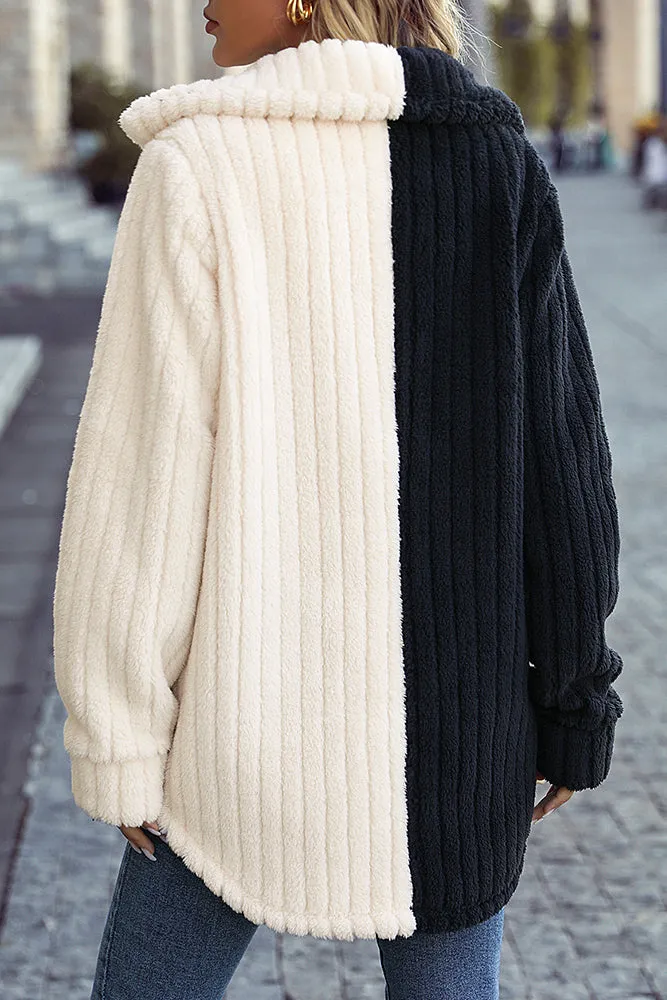Black and White Colorblock Fleece Winter Outfits Coat
