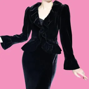 Black velvet ruffle evening jacket UK 10-12