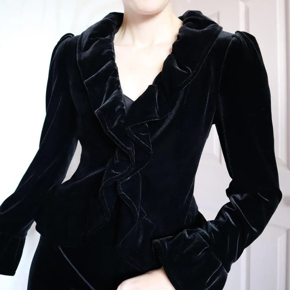 Black velvet ruffle evening jacket UK 10-12