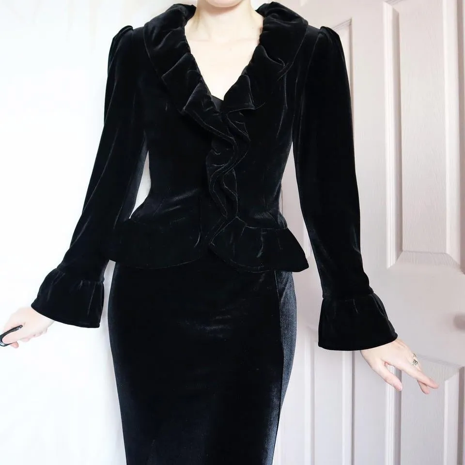 Black velvet ruffle evening jacket UK 10-12