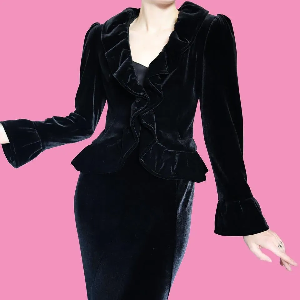 Black velvet ruffle evening jacket UK 10-12