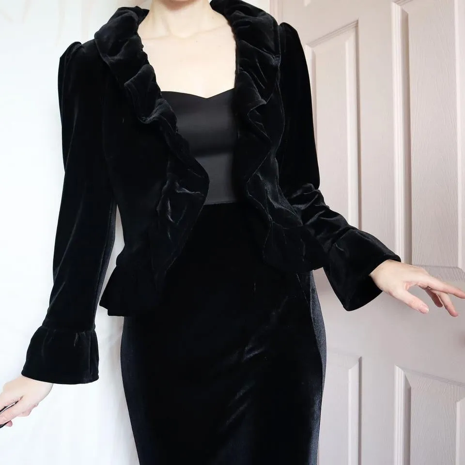 Black velvet ruffle evening jacket UK 10-12