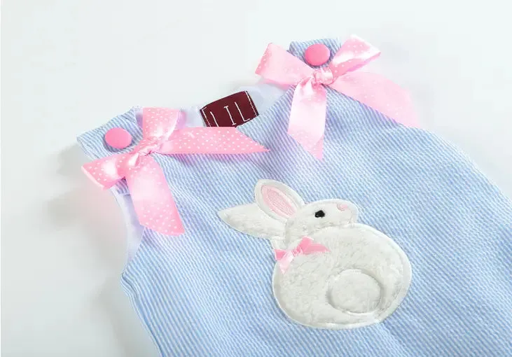 Blue Seersucker Fuzzy Bunny Applique Swing Dress