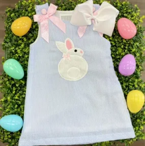 Blue Seersucker Fuzzy Bunny Applique Swing Dress