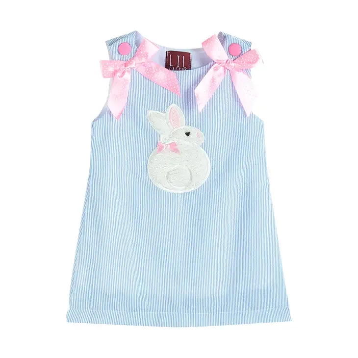 Blue Seersucker Fuzzy Bunny Applique Swing Dress