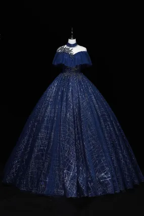 Blue Tulle Sequins Long Ball Gown, Elegant A-Line Formal Gown