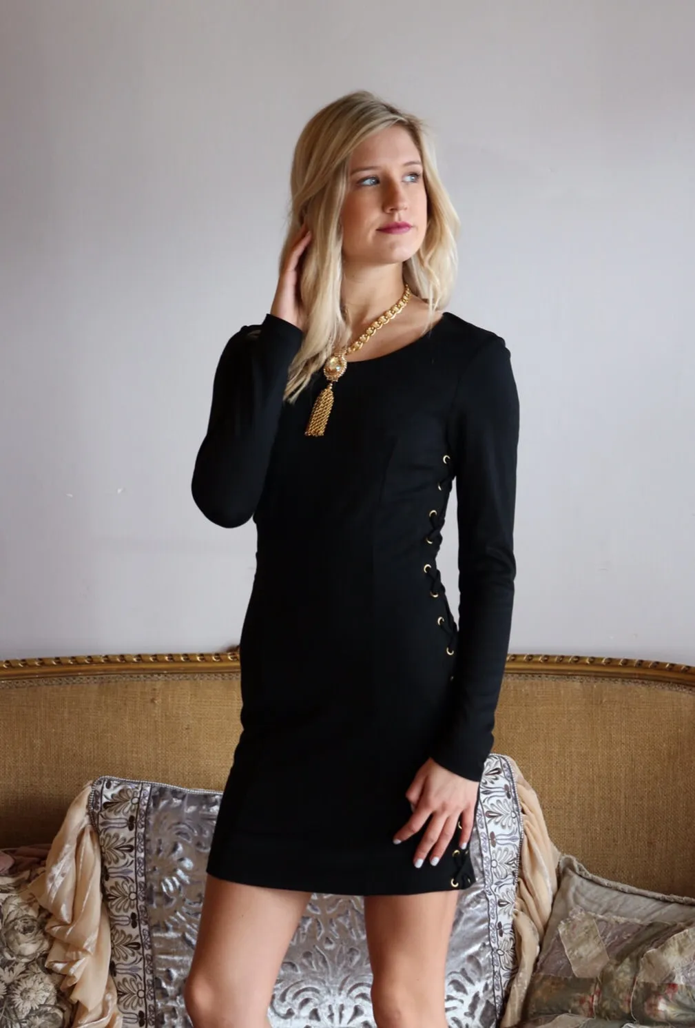 BOBI BLACK Ponte ANASTASIA LaceUp Sides Bodycon Dress