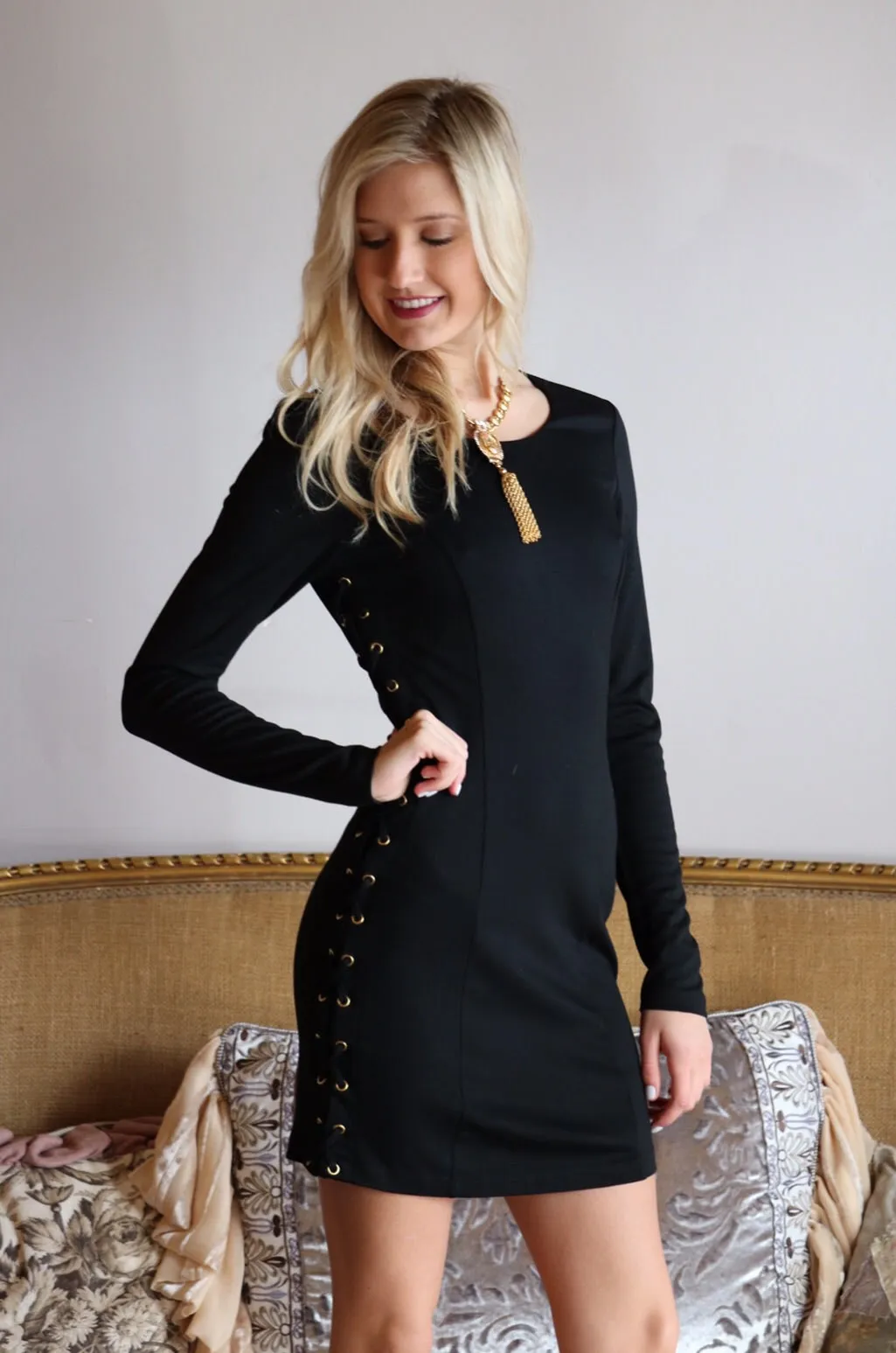 BOBI BLACK Ponte ANASTASIA LaceUp Sides Bodycon Dress