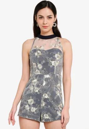Cerise Mesh Floral Cheongsam Romper in Navy Blue