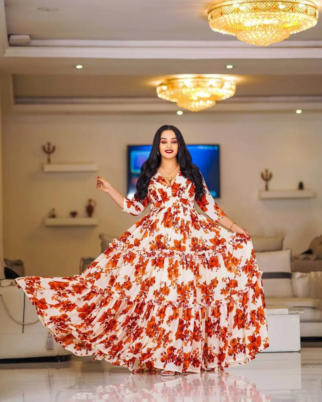 Charming Flowery Habesha Chiffon: with Red Floral Details Ethiopian Dress