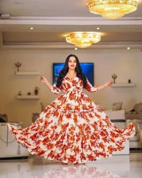 Charming Flowery Habesha Chiffon: with Red Floral Details Ethiopian Dress
