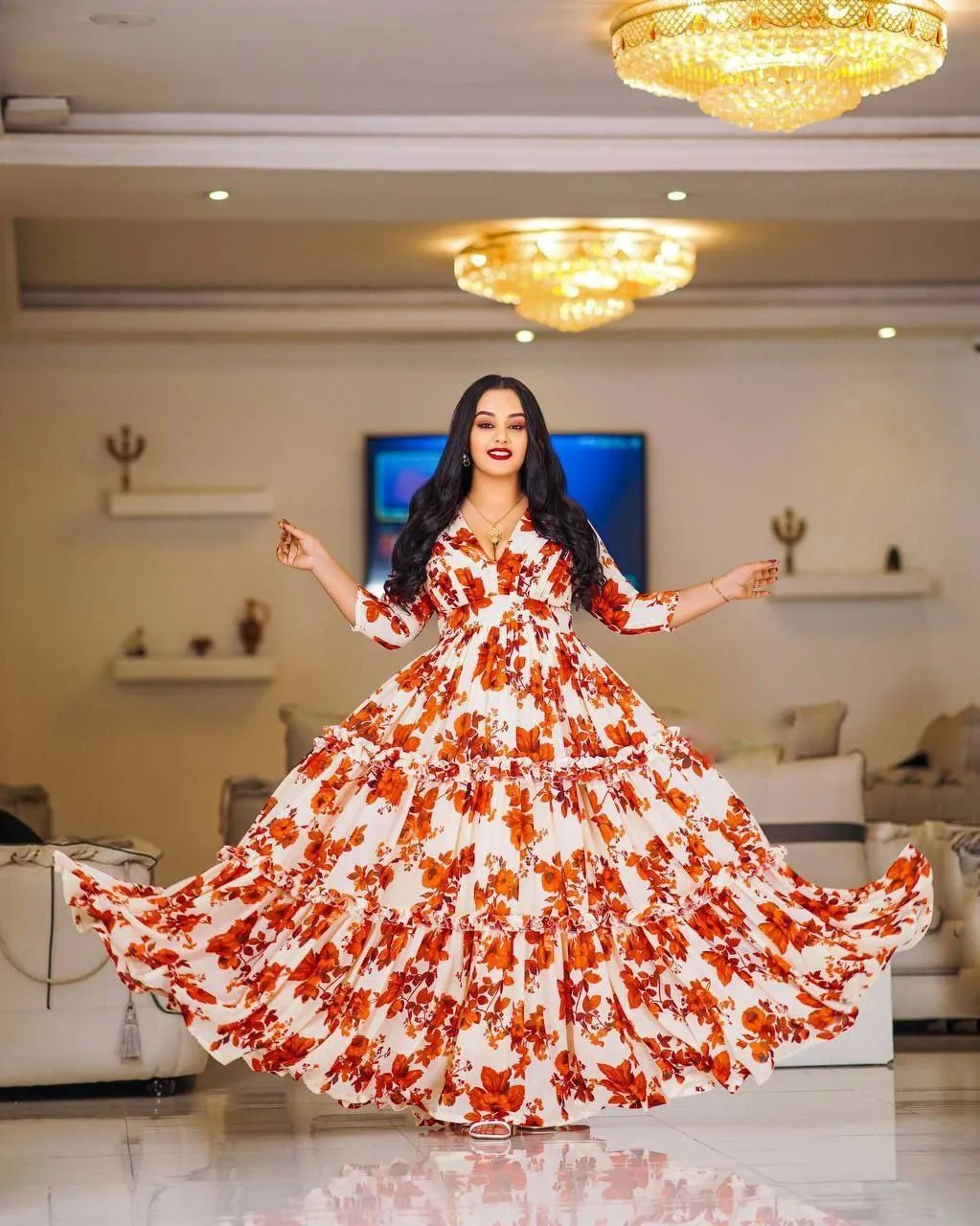 Charming Flowery Habesha Chiffon: with Red Floral Details Ethiopian Dress