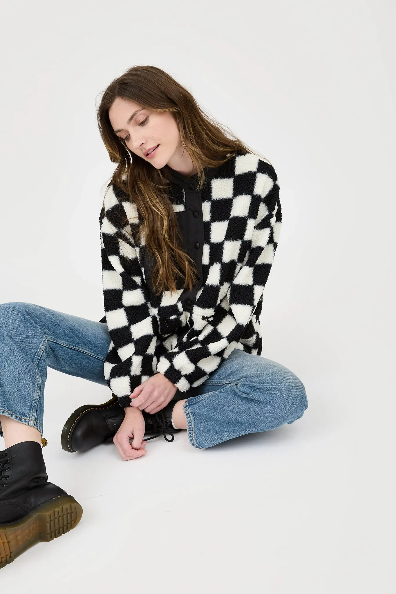 CHECKERED SNAP BUTTON FLEECE JACKET
