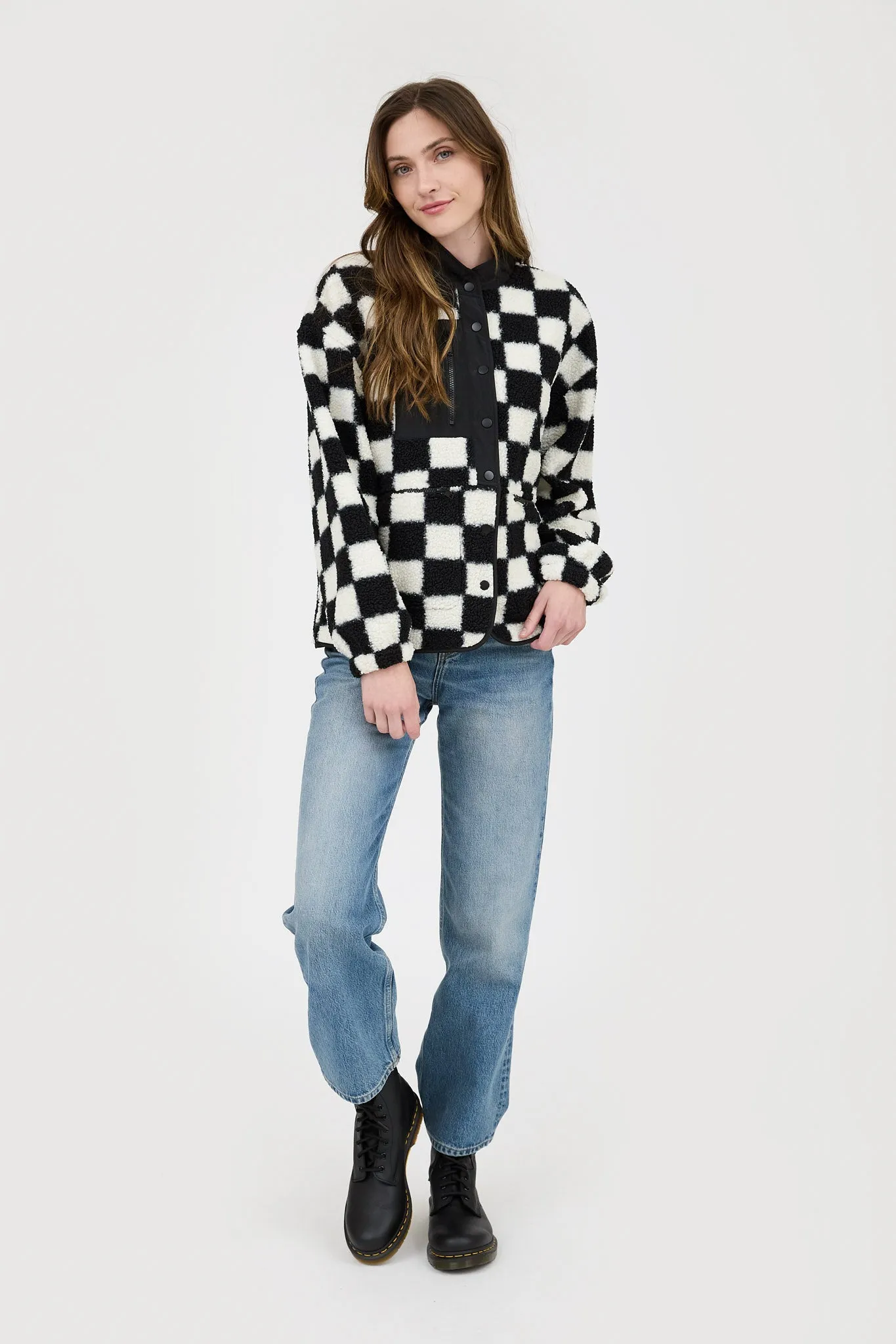 CHECKERED SNAP BUTTON FLEECE JACKET