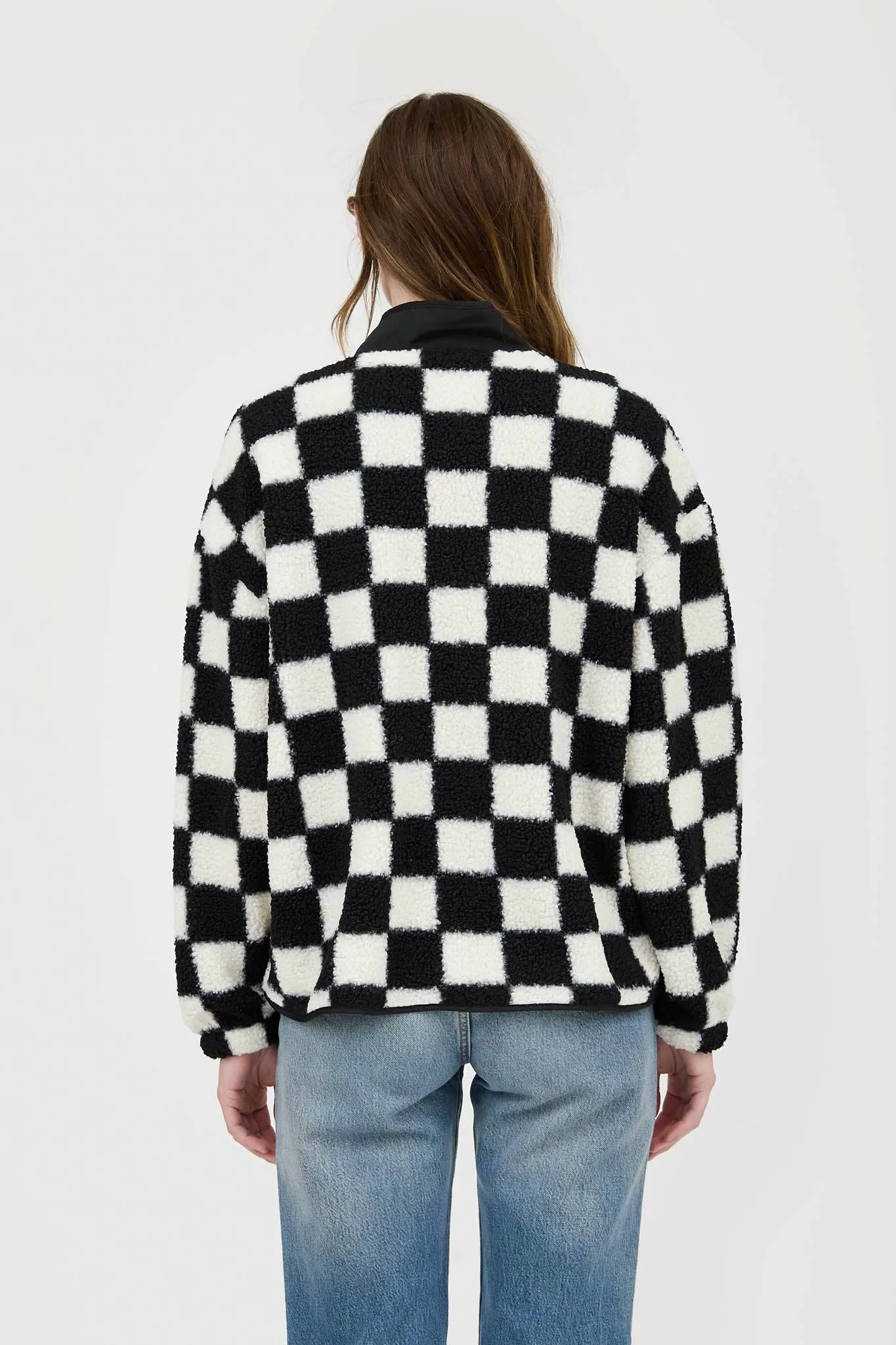 CHECKERED SNAP BUTTON FLEECE JACKET