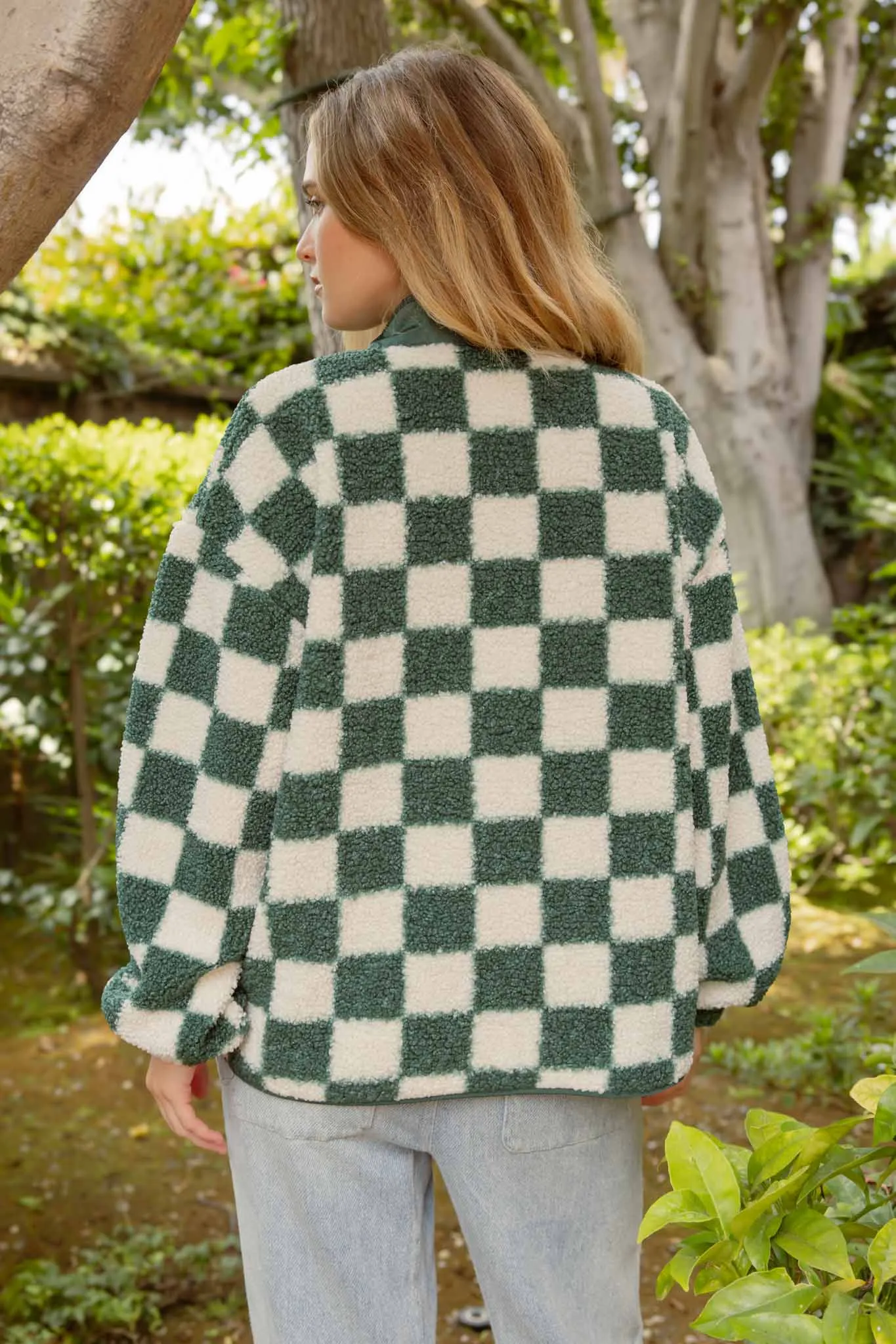 CHECKERED SNAP BUTTON FLEECE JACKET