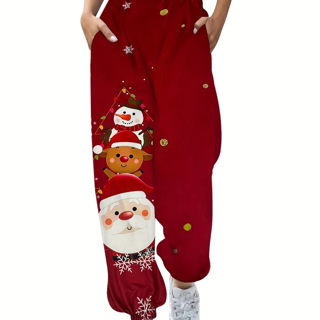 Christmas Print Elastic Waist Sweatpants, Casual Slant Pocket Fitted Bottom Pants For Fall & Winter, Women's Clothing