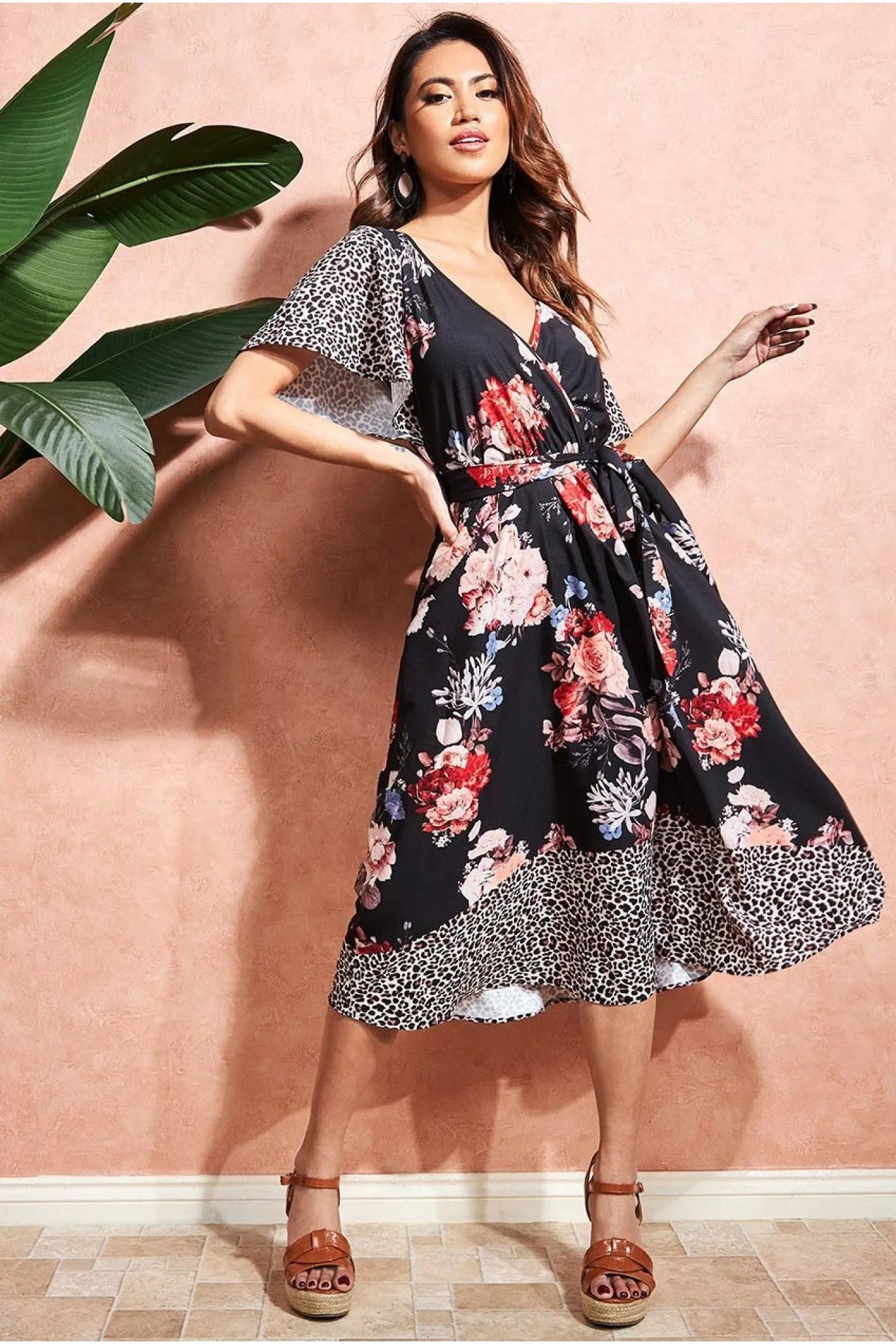 City Goddess Flutter Sleeve Printed Midi Dress